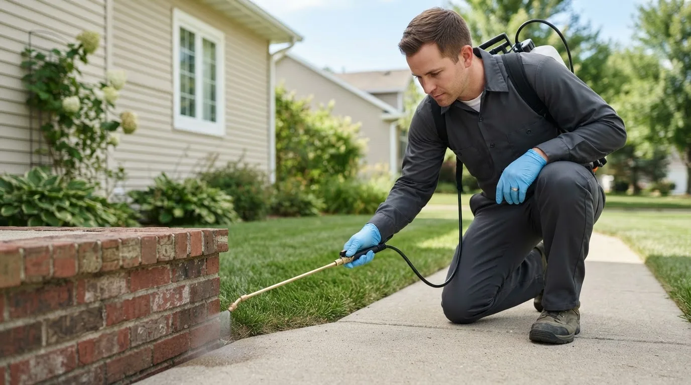 Pest control technician treating a home near Hortonville, WI