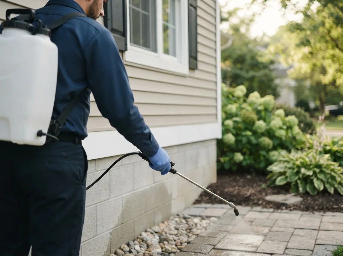 Pest control technician inspecting a home in Hortonville, WI